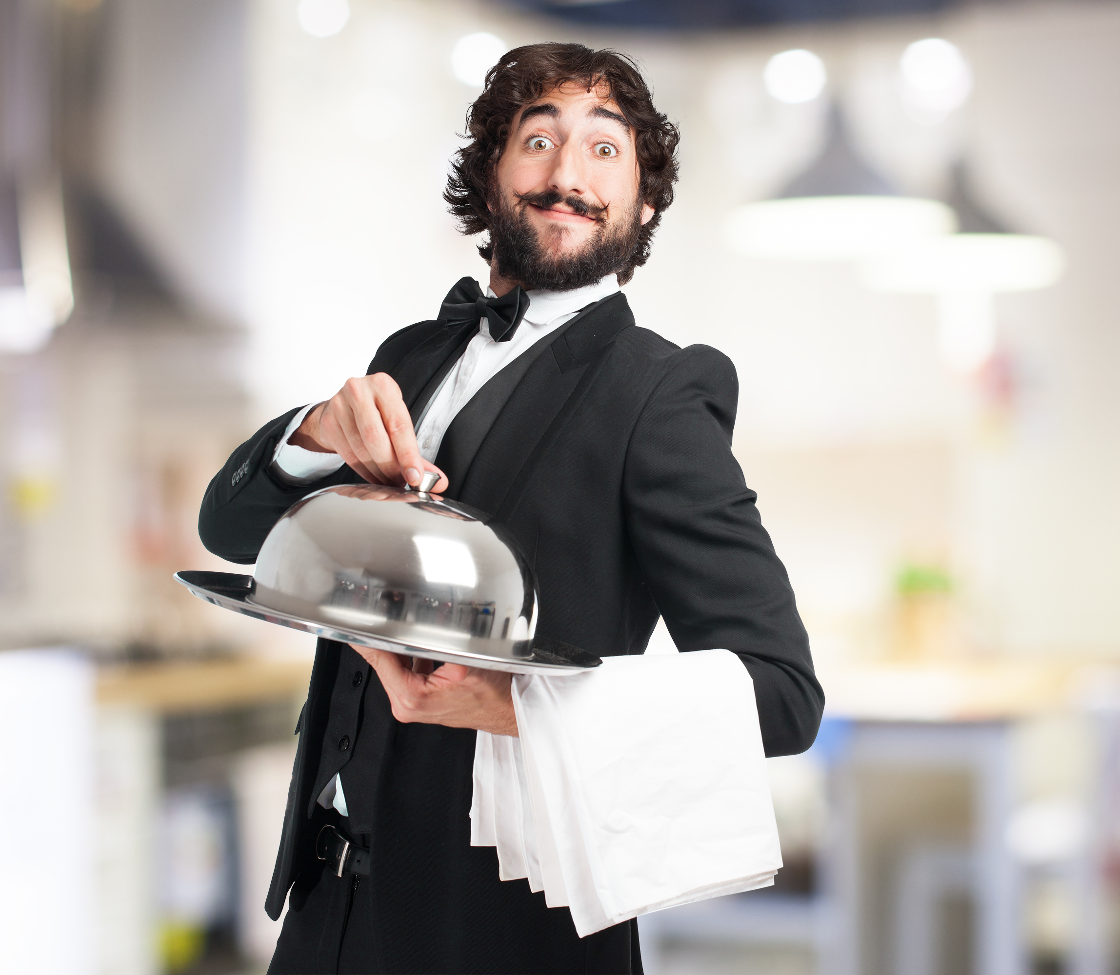 crazy waiter man with tray